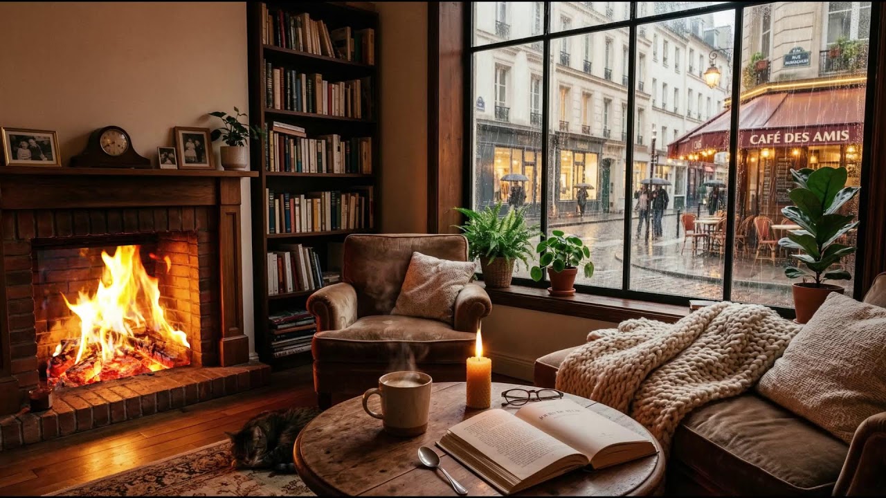Peaceful Rainy Café Street View 🔥 Gentle Jazz Piano & Fireplace Ambience for Relax
