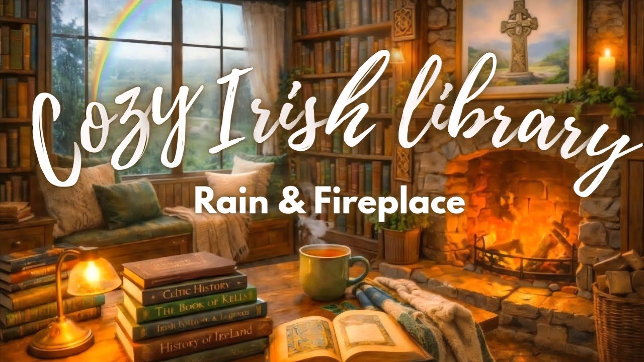 Cozy Irish Reading Library Ambience 🍀 St Patrick’s Day Fireplace & Rain | 8 Hour Screensaver 