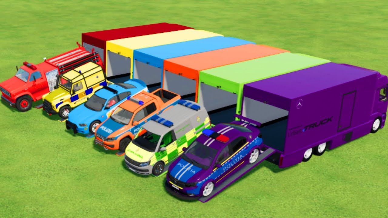 LOAD & TRANSPORT CARS, FIRE TRUCK, AMBULANCE, POLICE CARS, BUS, JEEP, Farming Simulator 22