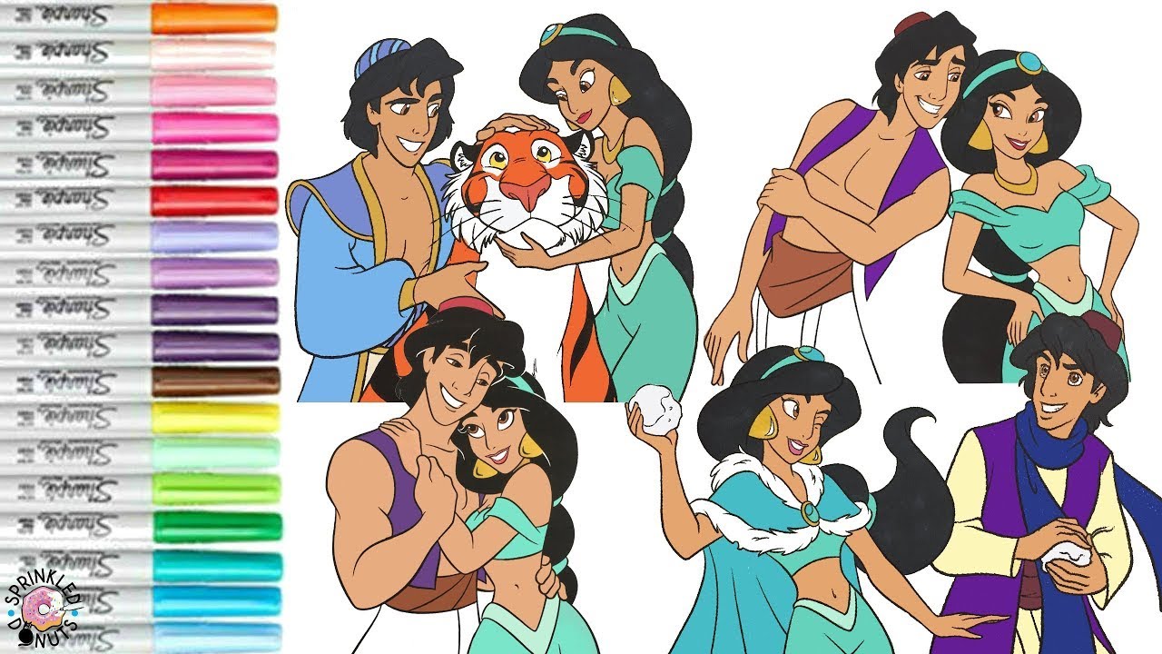 Disney Princess Coloring Book Compilation Jasmine Aladdin with Rajah and Abu