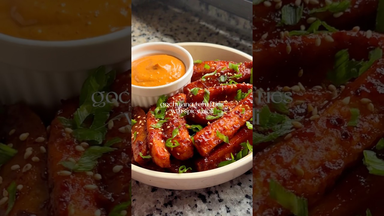 GOCHUJANG TOFU FRIES WITH SPICY AIOLI🥵 #tofurecipe #tofu #gochujang #highprotein #veganrecipes