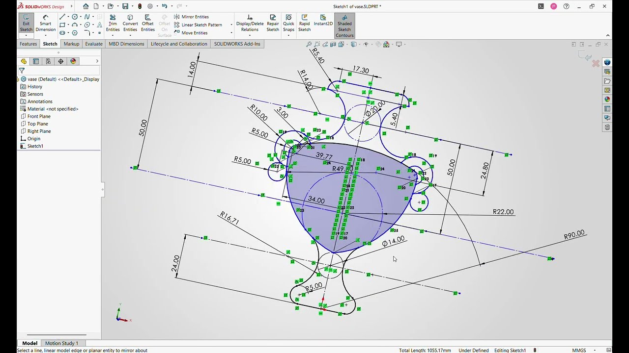 SOLIDWORKS Design Professional for Makers 2026 SP0 0   For Personal Use Only   Sketch1 of vase SLDPR