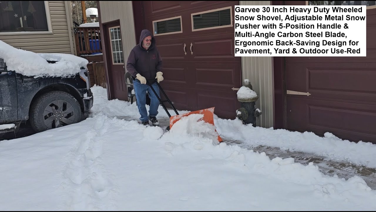 Garvee 30 Inch Heavy Duty Wheeled Snow Shovel, Adjustable Metal Snow Pusher with 5-Position Handle