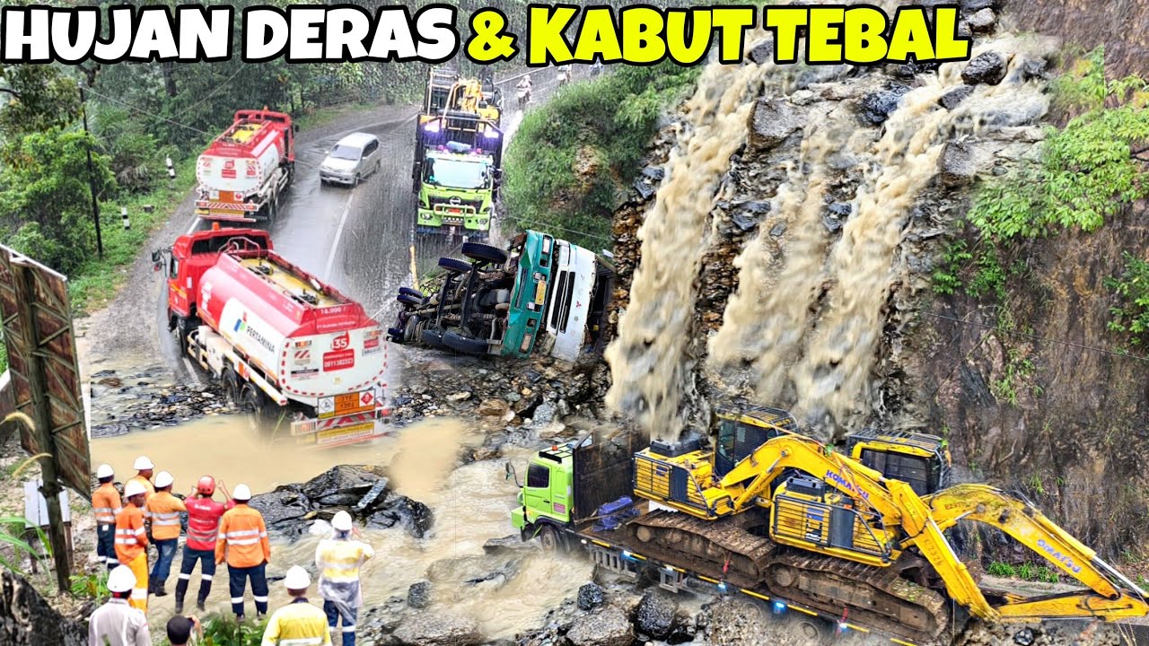 HITUNGAN DETIK..EXCAVATOR BAR-BAR EKSEKUSI TRUK TERGULING❗HUJAN DERAS&KABUT TEBAL SELIMUTI NABUNDONG