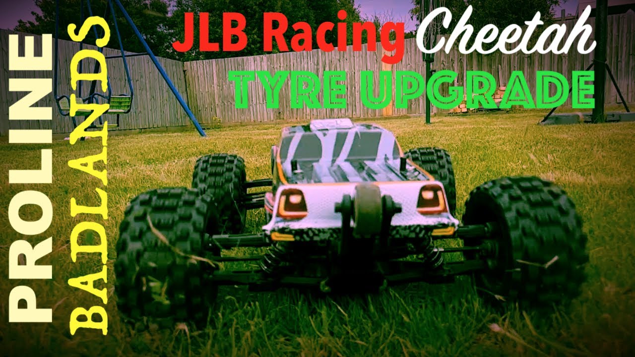 JLB Racing 11101 CHEETAH 120A Upgraded to PROLINE Badlands MX28 tyres on F-11 Black 17mm wheels
