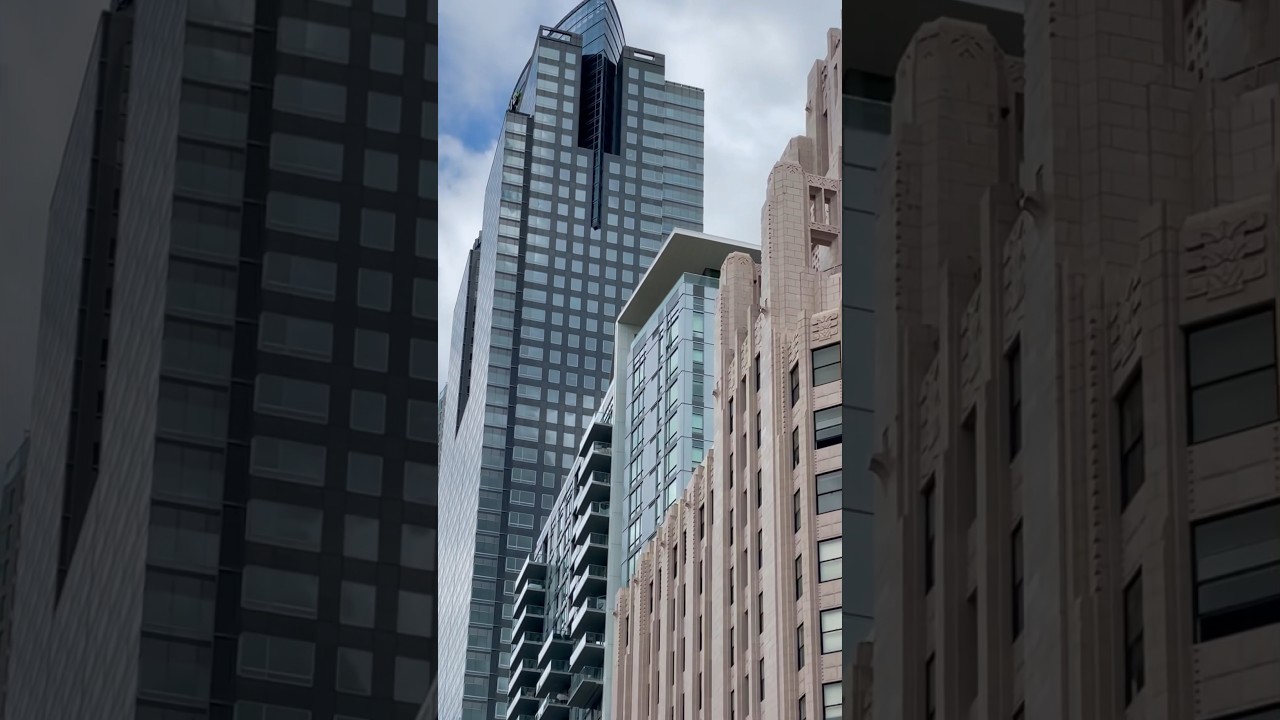 Downtown Los Angeles. New skyscraper & vintage building. Contrast styles of architecture