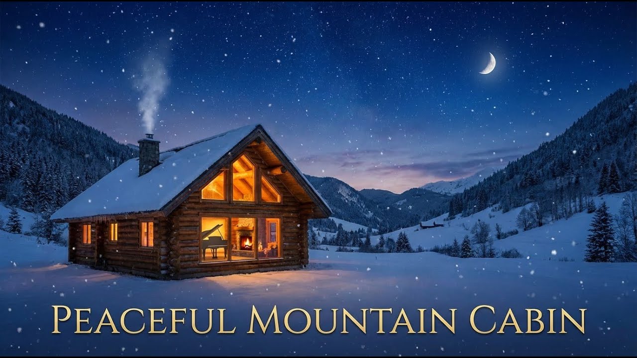 Cozy Mountain Cabin at Night ❄️ Fireplace & Soft Piano | Relax, Sleep, Study (4K)