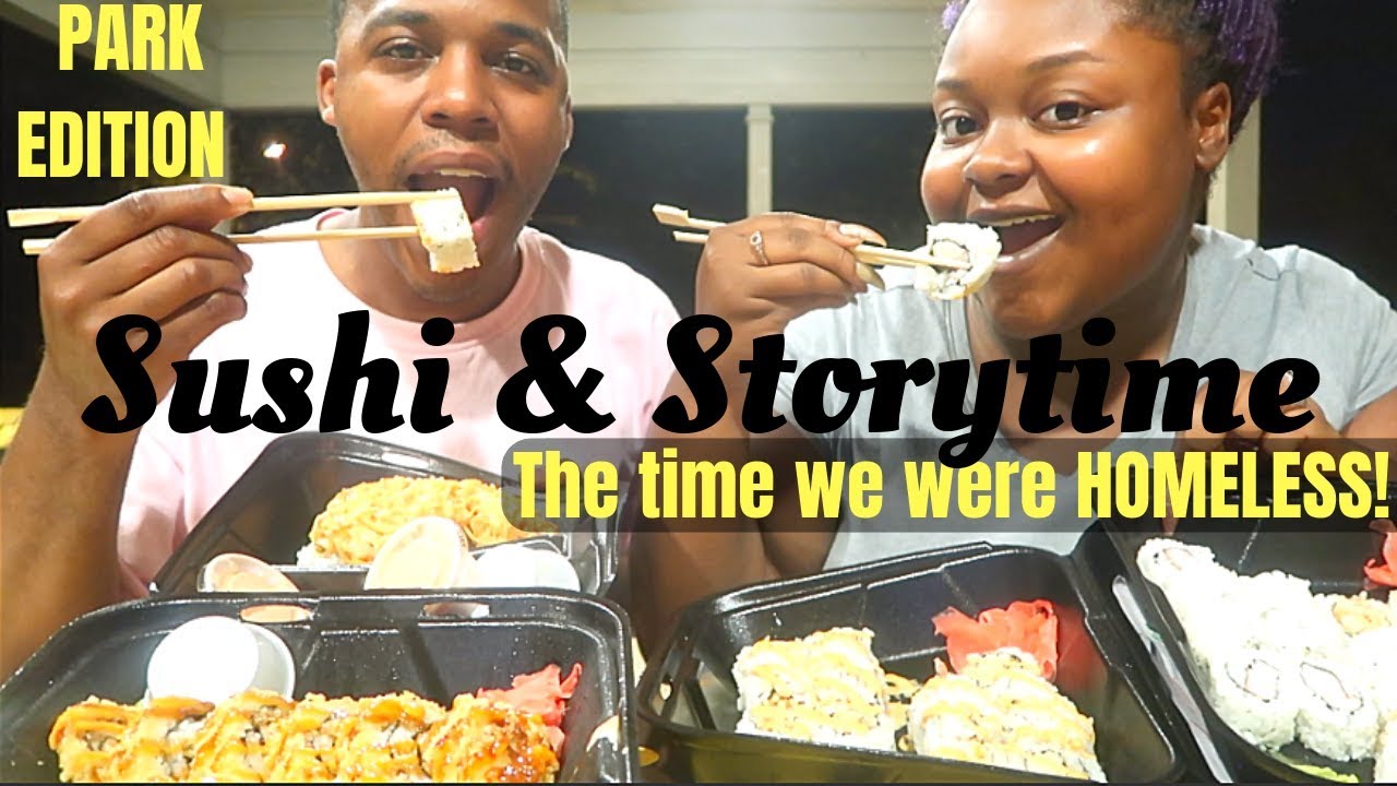 SUSHI IN THE PARK MUKBANG + STORYTIME (The time we were HOMELESS!) | FRITZ FAMILY ENTERTAINMENT