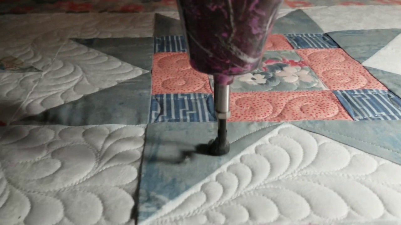 Grey Peach Quilt 3 Blocks and  feather fill custom longarm quilting free hand Gammill feathers