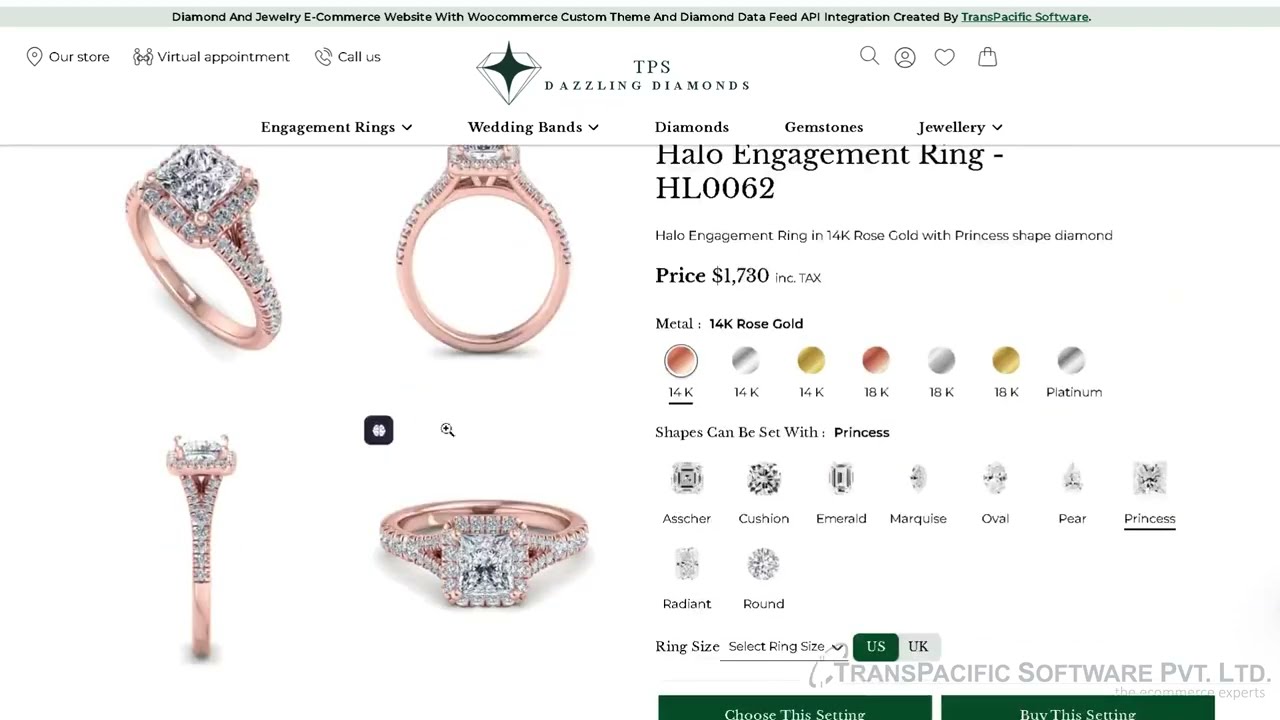 Integrate Perfect Engagement Ring Builder on your jewelry ecommerce website by TransPacific Software