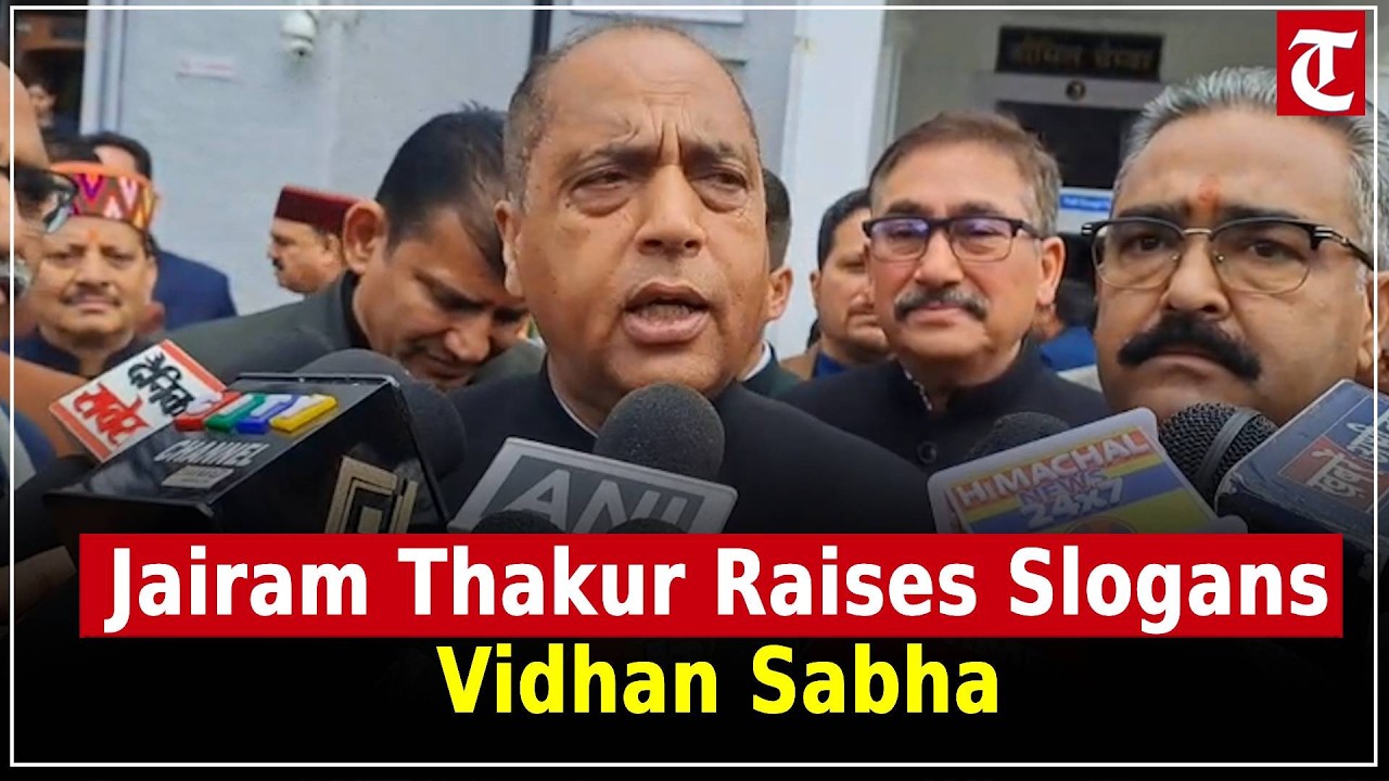 Opposition leader Jairam Thakur protests outside Shimla Vidhan Sabha during Budget session