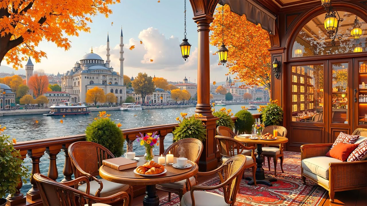 Golden Autumn Riverside Caf&eacute; in Istanbul 🍂 Smooth Jazz & Cozy Ambience for Relaxing Moments