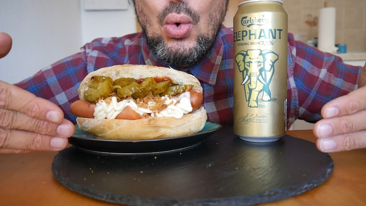 *SAVAGE* ASMR – Danish Hot Dog + Carlsberg Elephant beer – Danish Food & Drink