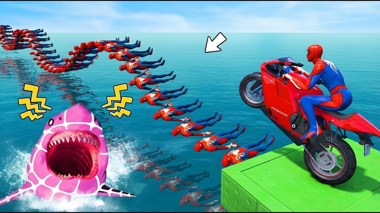 سبايدر مان اصعب دراجة نارية فوق اسماك القرش - Superheroes Ride In Motorcycle Stunt Funny Moments??