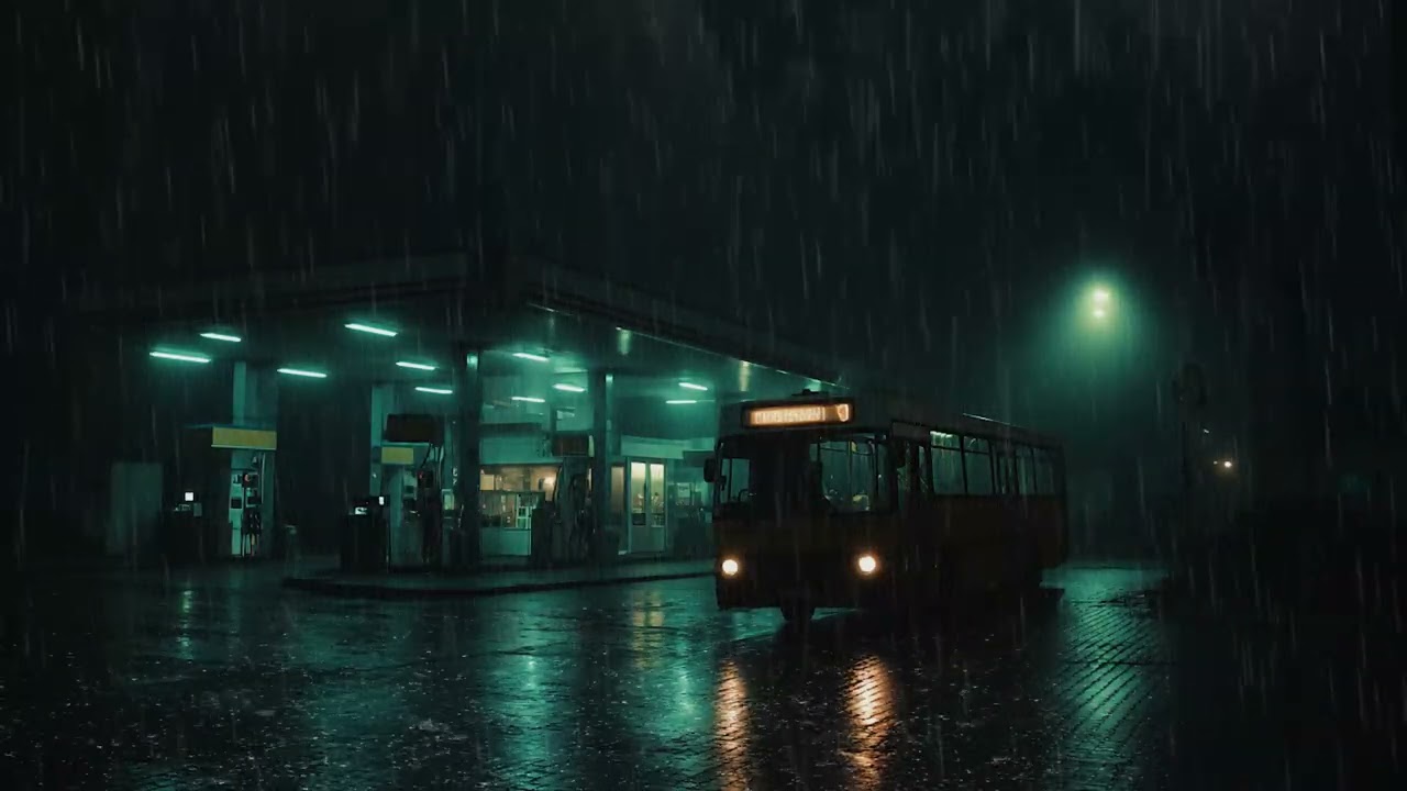 3 Hours Heavy Rain at a Bus Station 🌧️ Dark Night Sleep Sounds