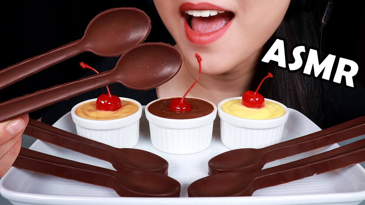 ASMR EATING SOUNDS CHOCOLATE SPOONS + PUDDING EDIBLE SPOONS チョコレートを食べる音 먹는 숟가락 초콜릿 먹방 Abbey ASMR 咀嚼音