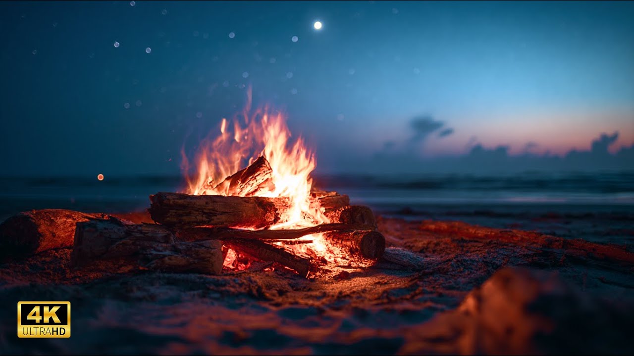 Cozy Beach Bonfire with Calm Ocean Waves & Sunset Ambience | Deep Sleep & Relaxation | 1 Hour | 4K