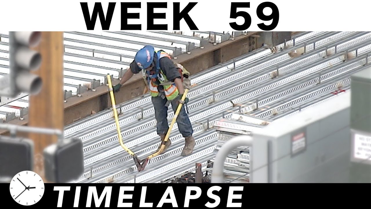 One-week construction time-lapse w/over 41 closeups: Ⓗ Week 59: Ironworkers; welders; cranes; more
