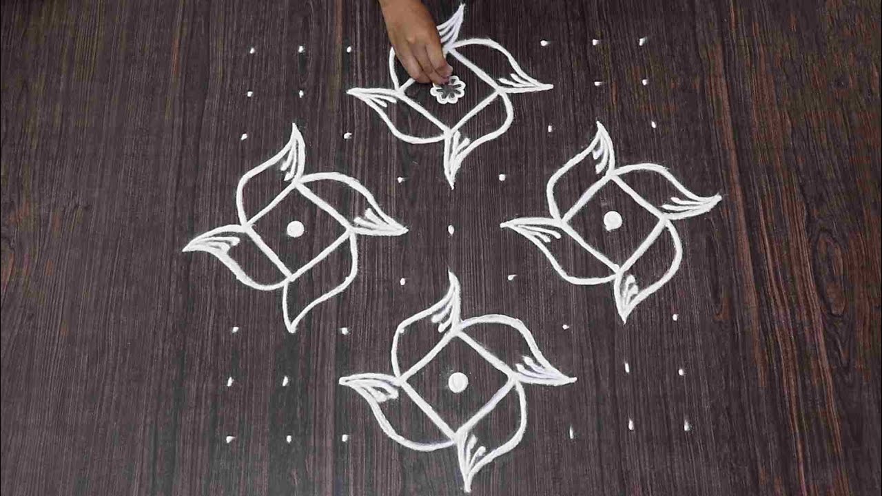 Traditional rangoli design with 9x9 dots | easy and simple flower rangoli design