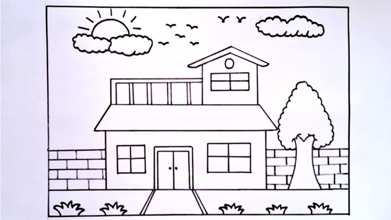 How to draw house drawing with scenery drawing, easy drawing 😄 