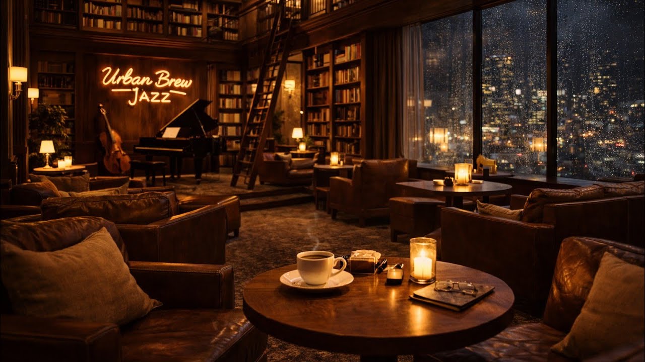 Rainy Night Jazz Lounge ☕ Smooth Piano in Cozy Library Café Ambience for Study & Relaxation