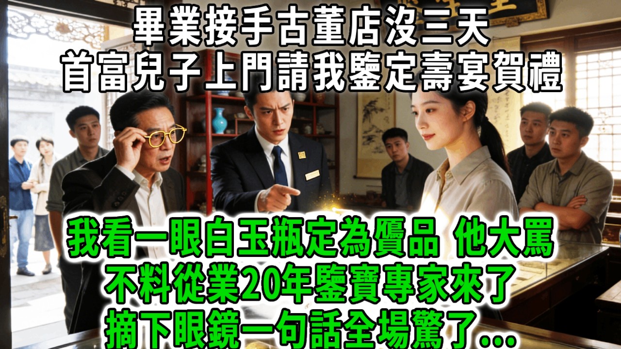 畢業接手古董店沒三天，首富兒子上門請我鑒定壽宴賀禮，我看一眼白玉瓶定為贗品，他大罵:｢你個剛畢業學生懂什麼｣不料從業20年鑒寶專家來了，摘下眼鏡一句話全場驚了！#荷上清風 #爽文
