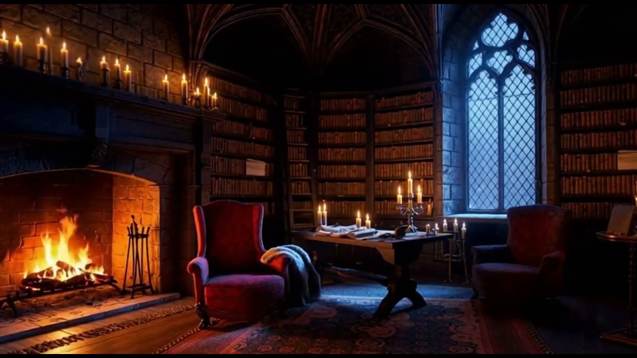 Royal Medieval Library 👑🔥| Snow Outside Window | 3 Hours Cozy Fireplace Ambience