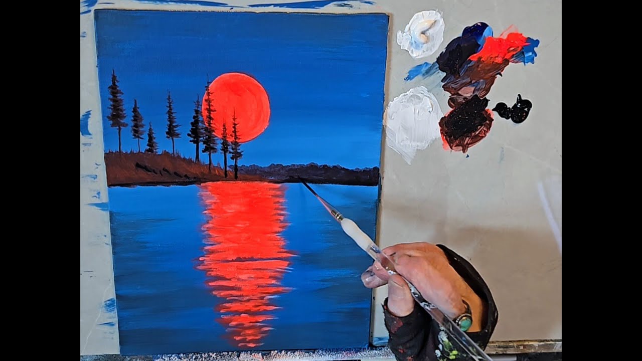 Red Moon Over Water | Easy Acrylic Painting Tutorial for Beginners