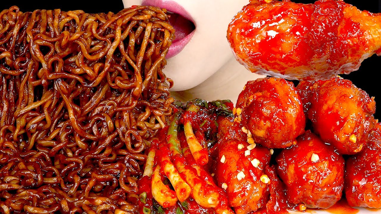 ASMR MUKBANG | 양념치킨 짜파게티 먹방 BLACK BEAN NOODLES SPICY FRIED CHICKEN EATING SOUNDS | XENO ASMR 제노