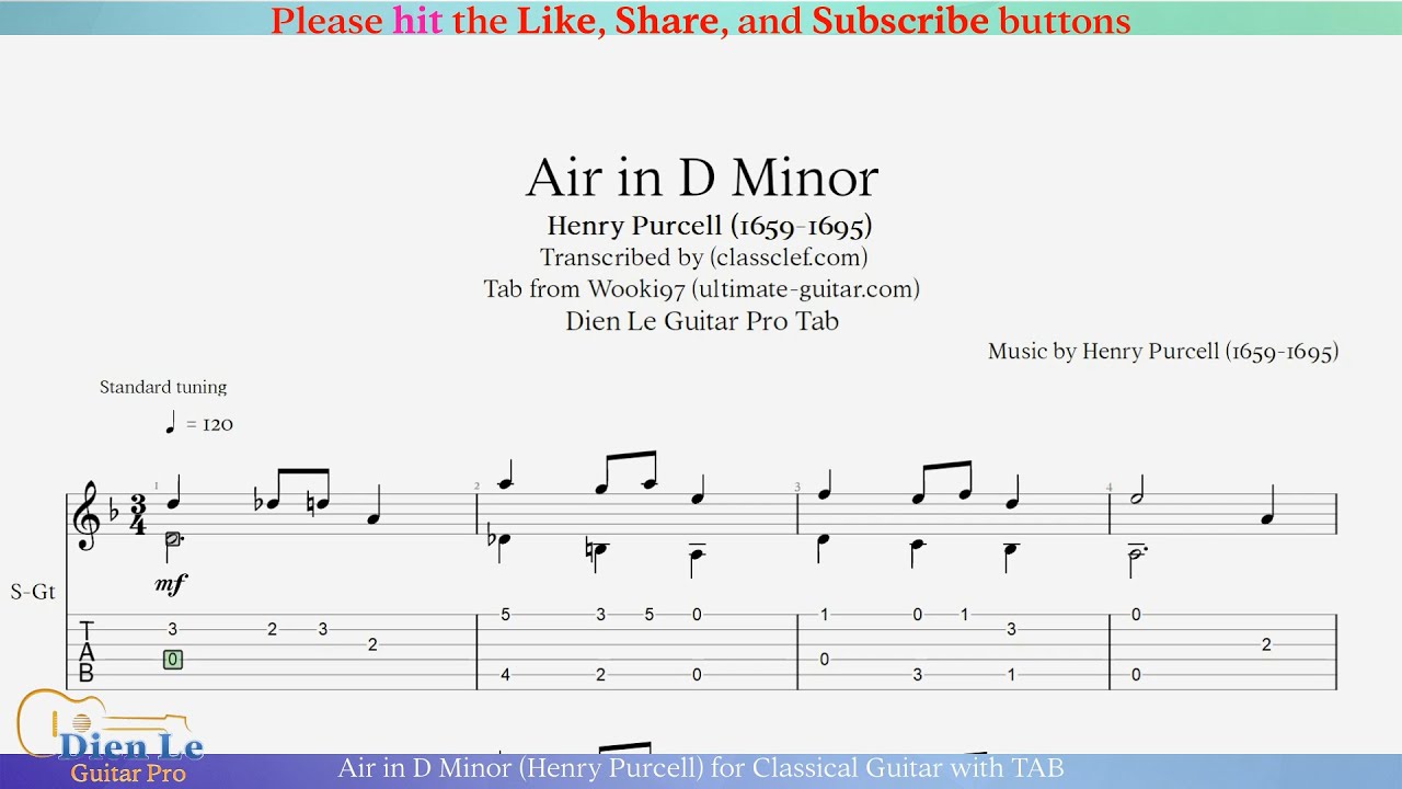 Air in D Minor (Henry Purcell) for Classical Guitar with TAB