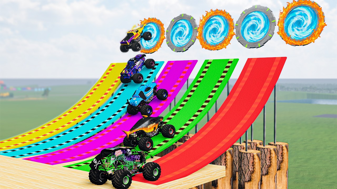 5 MONSTER TRUCKS - EPIC Colour Slide VS Portal Trap in BeamNG.drive
