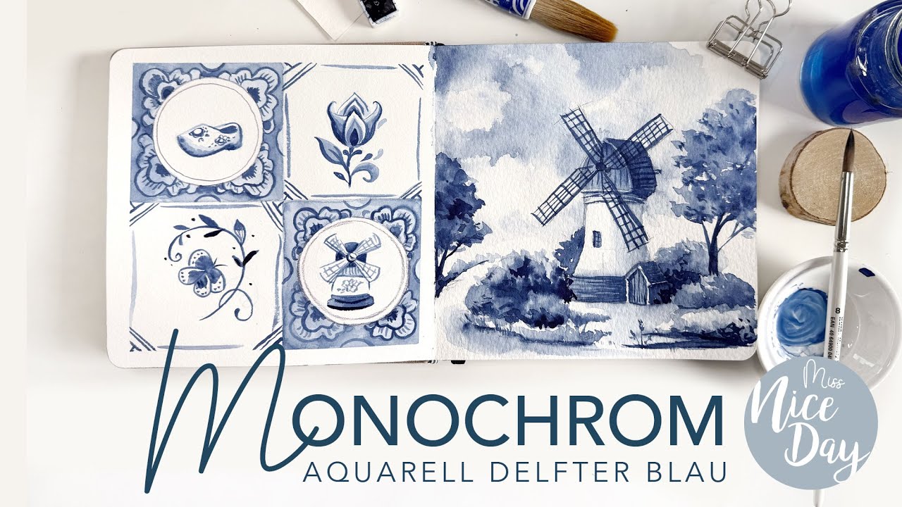 Monochrome Windmühle malen mit Delft Blau –Watercolor Tutorial