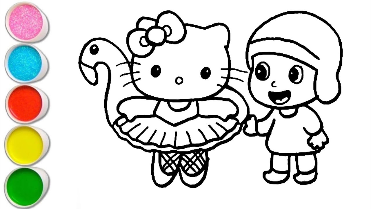 Рисунок, раскраска и рисование Hello Kitty Duck с Покойо для детей и малышей. Простой рисунок.