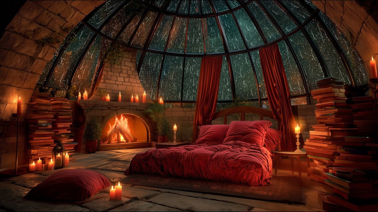 Cozy Rainy & Stormy Corner – Night Rain, Thunder & Fireplace | Beat Insomnia with Sleep Sounds