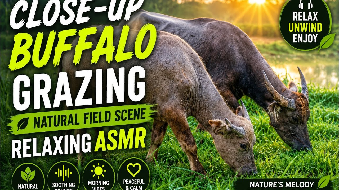 Close-Up Buffalo Grazing Green Field Scene | ASMR Sounds #BuffaloGrazing #ASMRNatureSounds #CloseUp