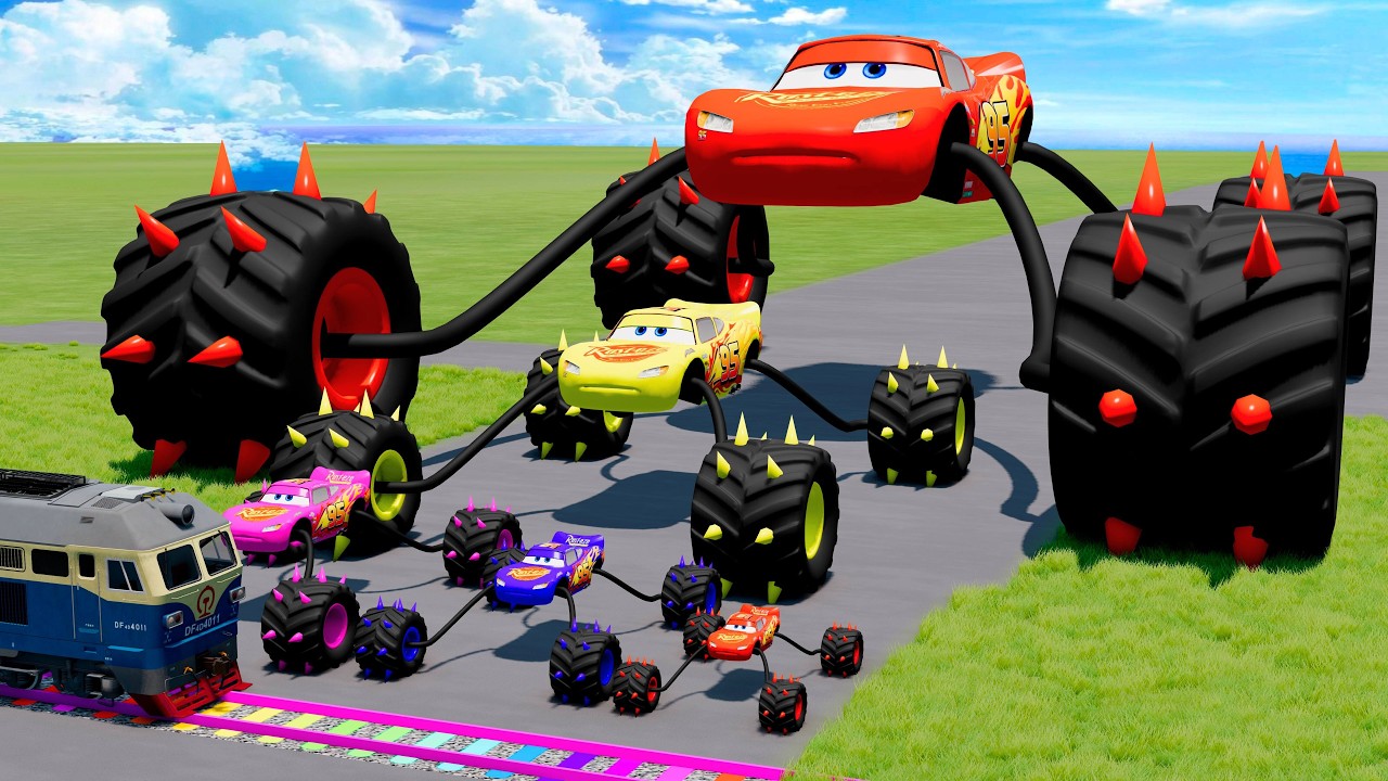 Big & Small McQueen Spider with Monster Wheels VS Train | BeamNG.drive