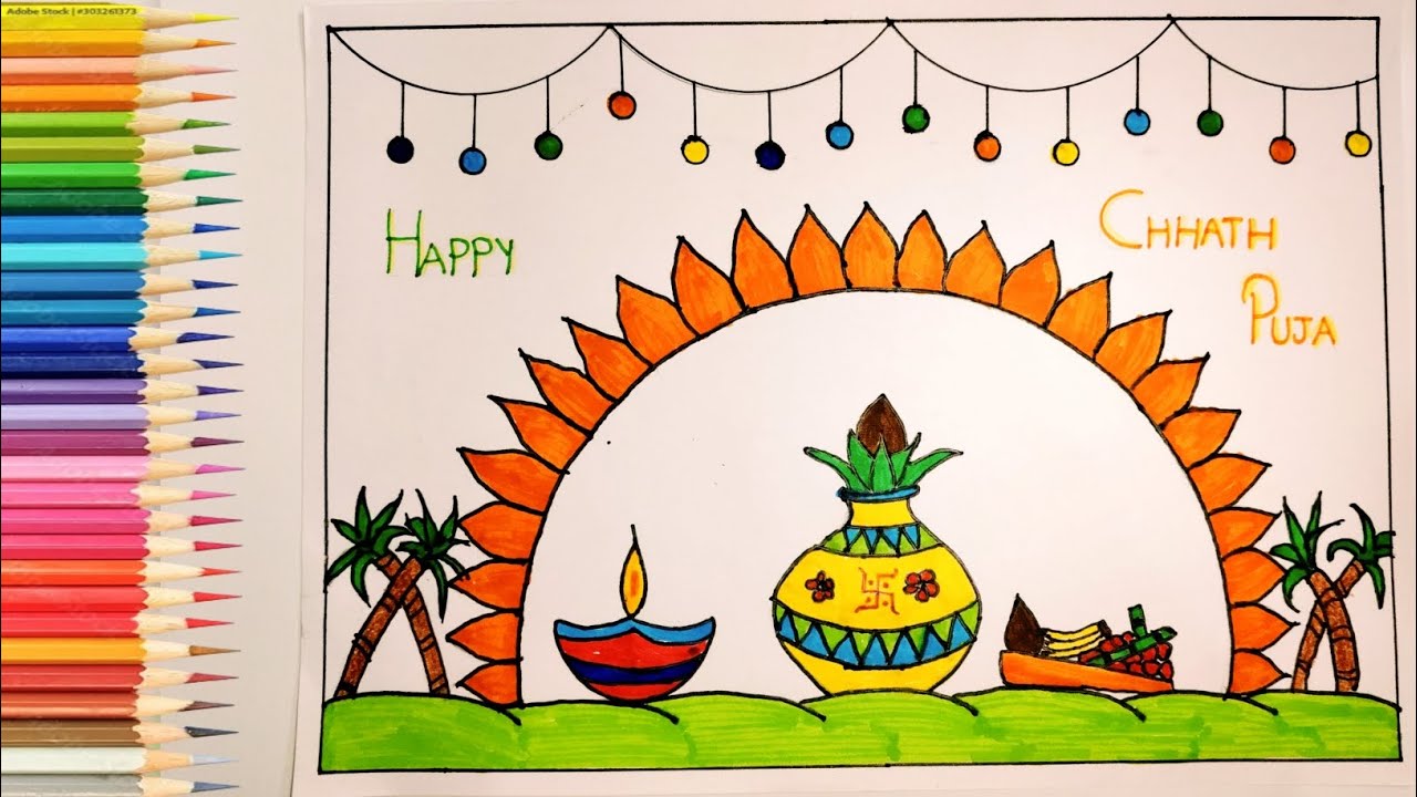 Happy Chhath Puja Drawing | Easy Chhath Puja Art for Beginners | Chhath Puja Poster Making