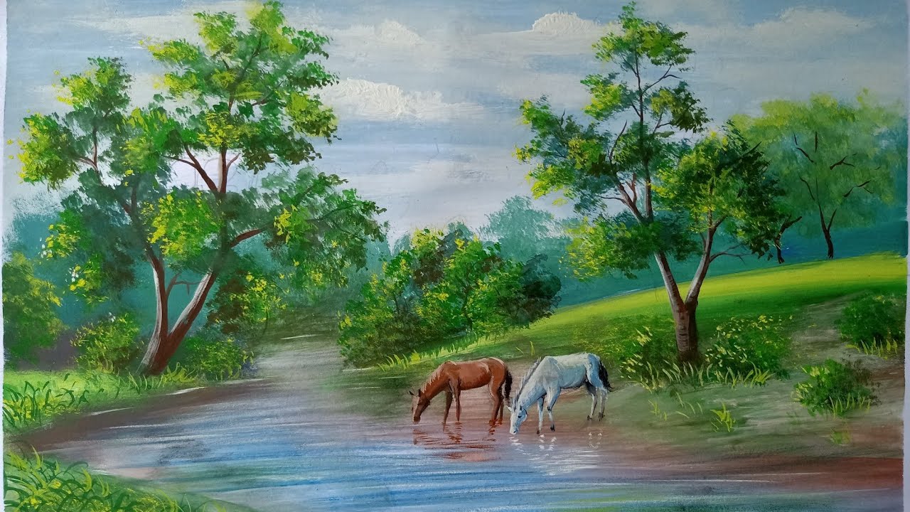 Landscape painting with Poster Color | how to draw horse | Village stream