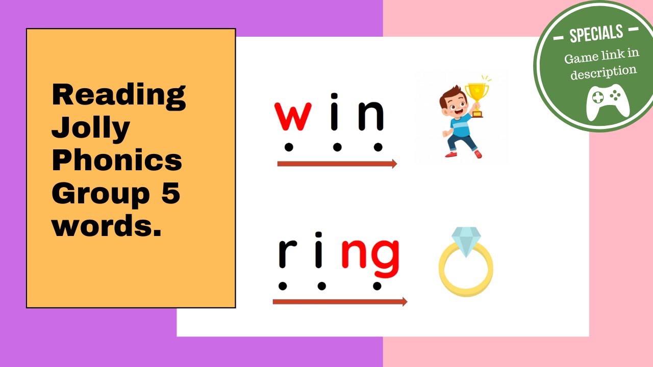 Jolly Phonics group 5 (z, w, ng, v, oo/oo)| Dot reading| Blending| Game included|No Music