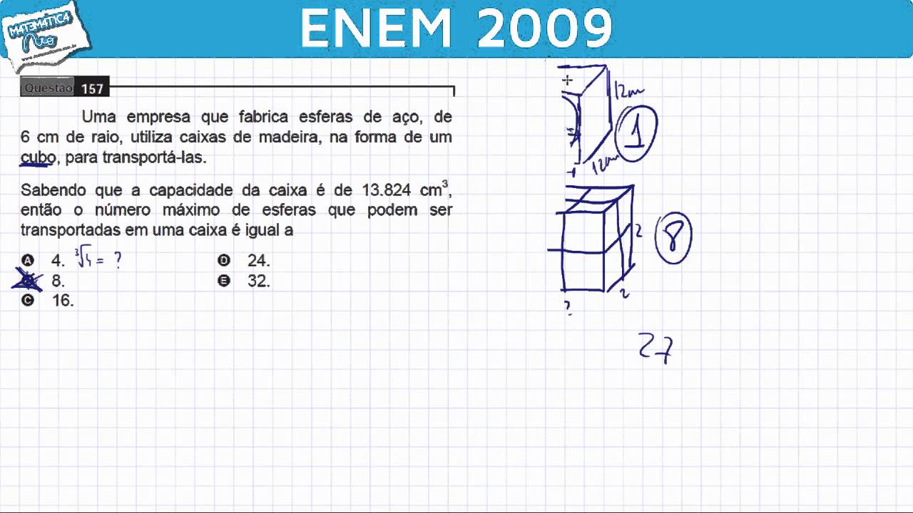 ENEM 2009 Matemática #22 - Volume do Cubo e Esferas