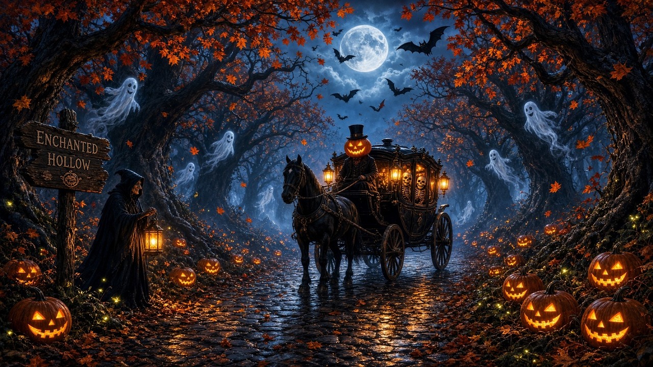 Relaxing Halloween Ambience 🎃 Autumn Night in a Spooky Village 👻 Haunted Sounds & Halloween Music