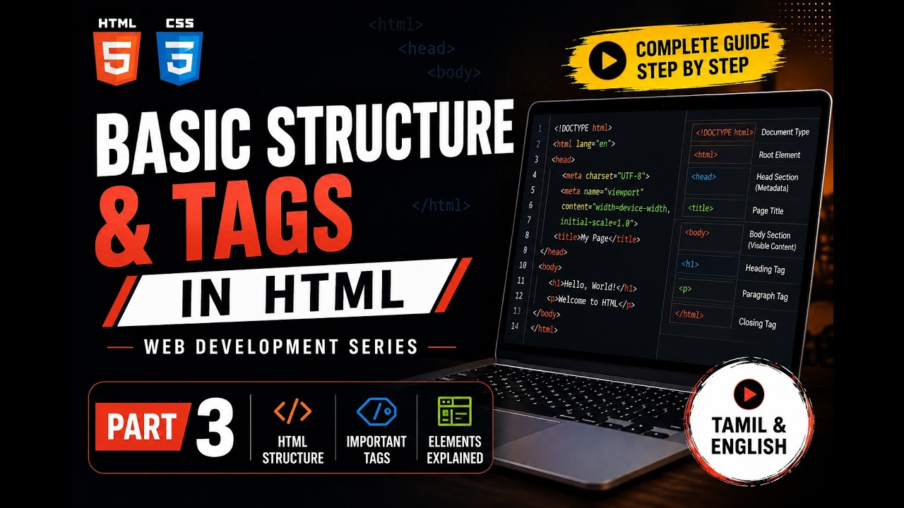 Basic Structure & Tags in HTML | Web Development Series | Part - 3 | English & Tamil