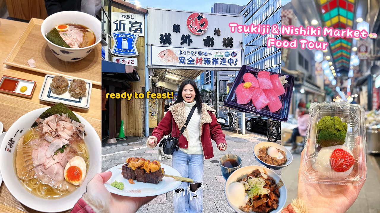 Eating my way through tsukiji outer market & nishiki market, onsen hotel tour, cheap michelin ramen