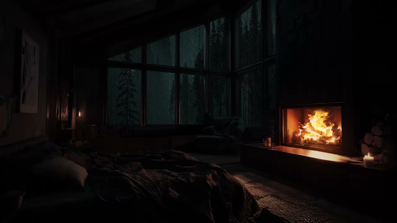 A warm forest cabin surrounded by steady rain and soft fireplace sounds through the night