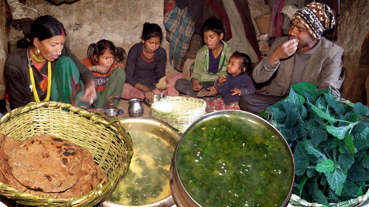 dharme family cooking nettle curry and bread for lunch @ruralnepall