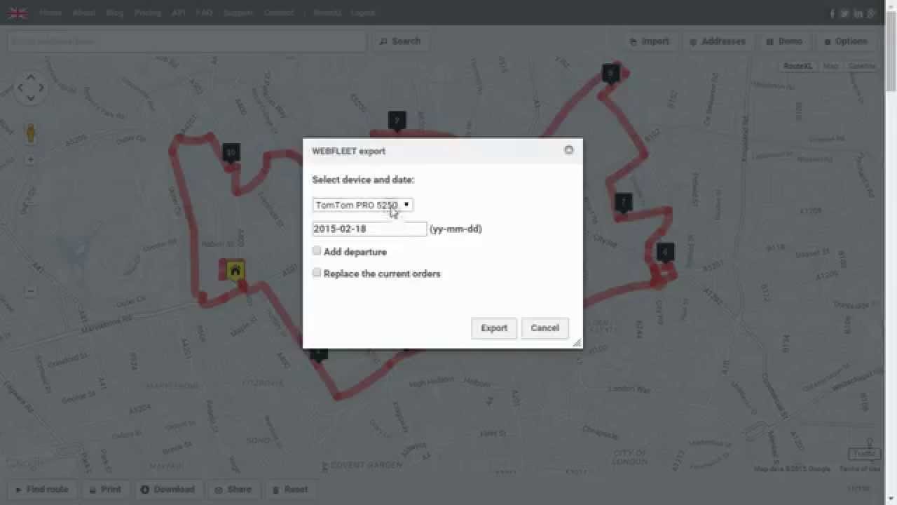 Multi stop route to WEBFLEET