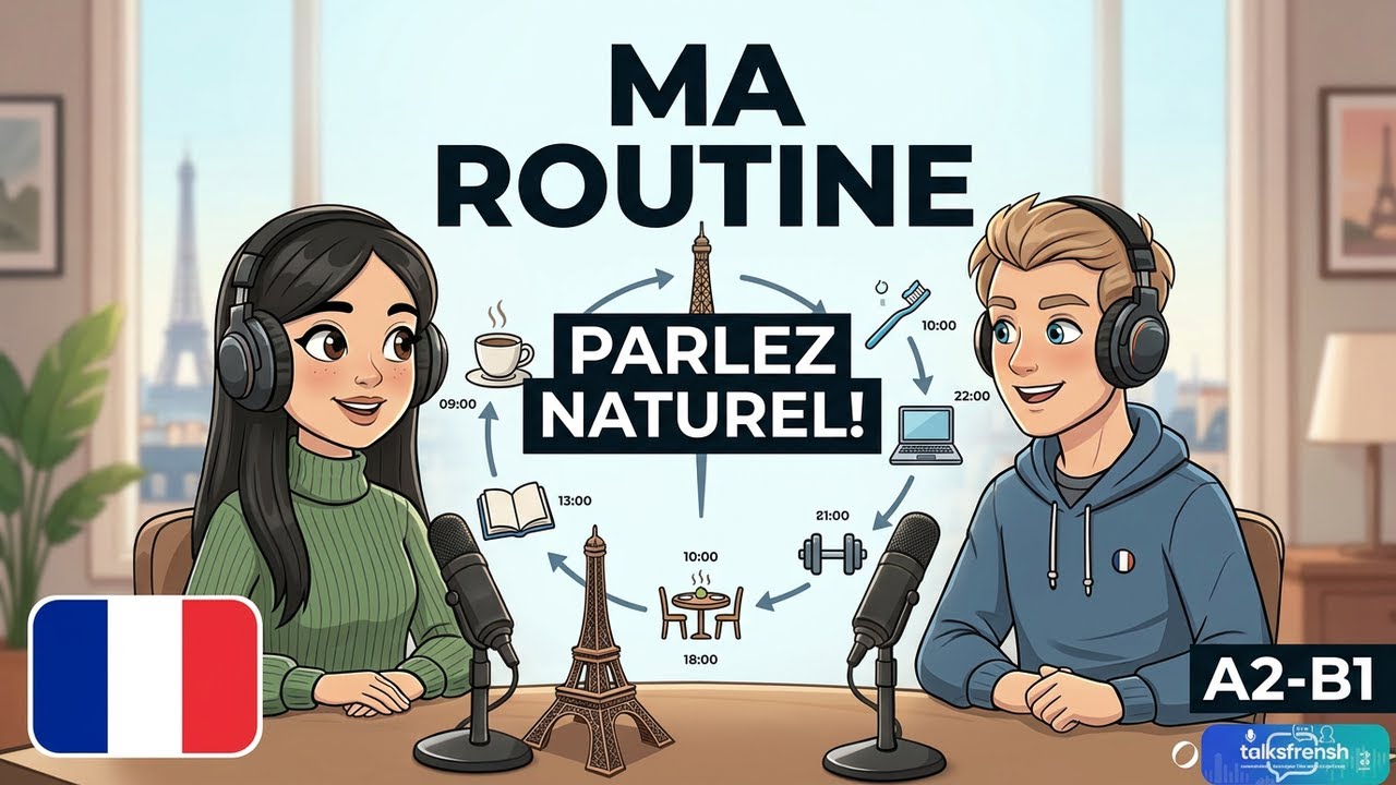 Learn how to describe your daily routine in French through a natural conversation between two native