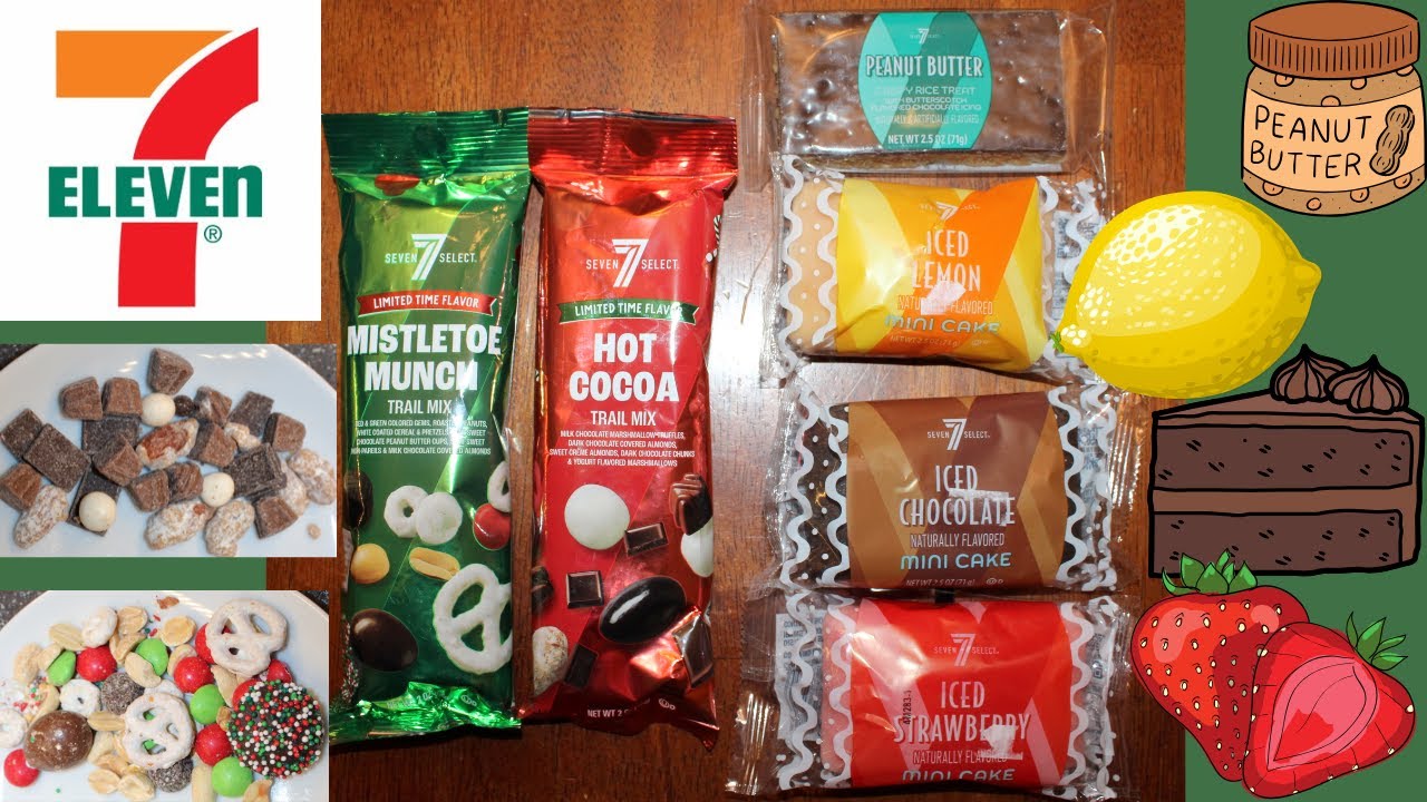 7-Eleven Mistletoe Munch & Hot Cocoa Trail Mix, PB Treat, Lemon/Chocolate/Strawberry Iced Cake