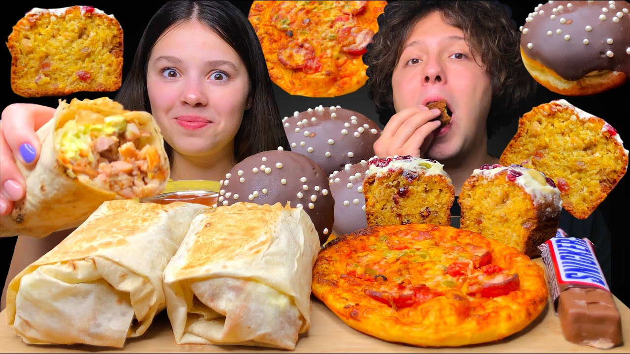 ASMR SHAWARMA, PIZZA, CHOCOLATE CAKE, CHOCOLATE CANDY BARS EATING MUKBANG 먹방 Tati ASMR