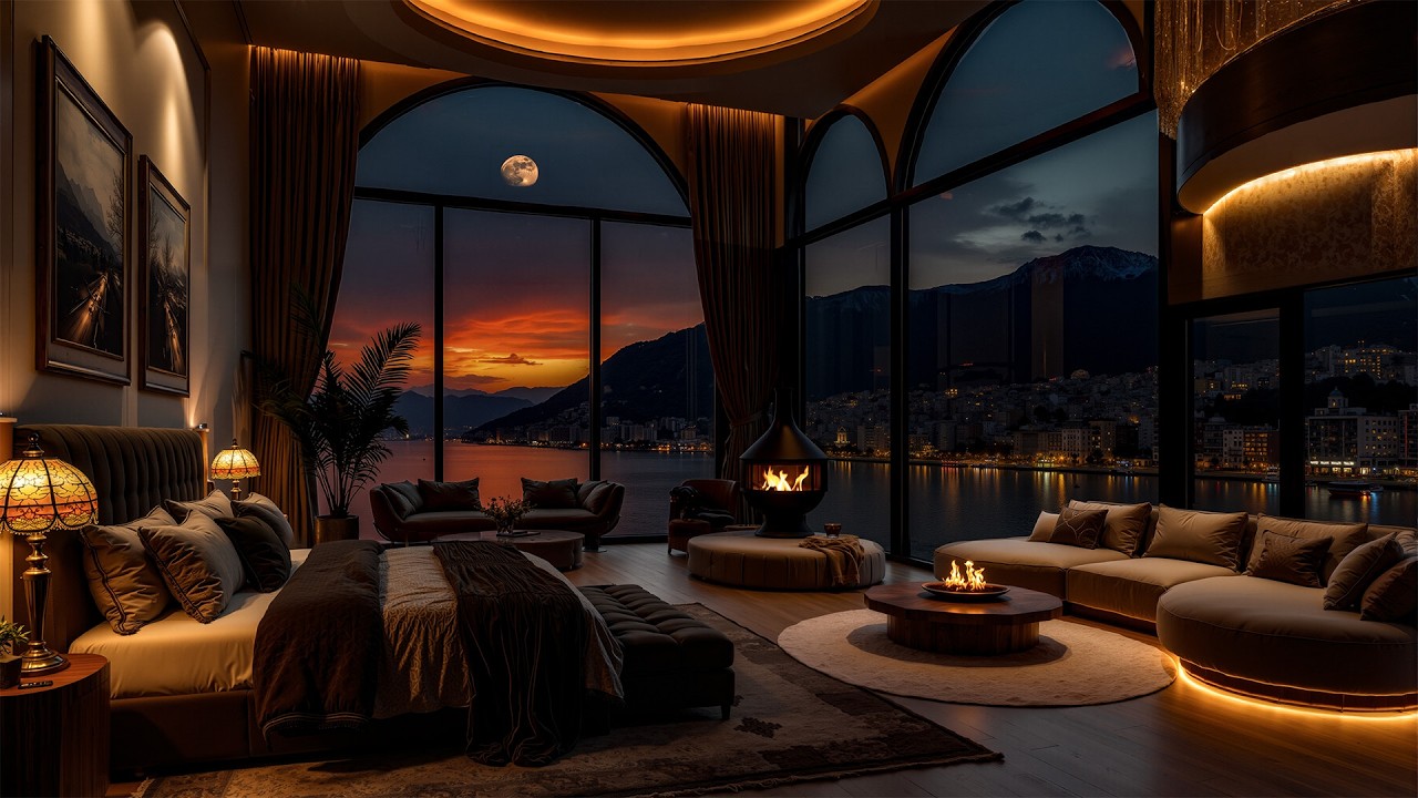 Smooth Jazz & A Nighttime Cityscape With Dreamy Moonlight - Warm Jazz In A Bedroom With A Fireplace